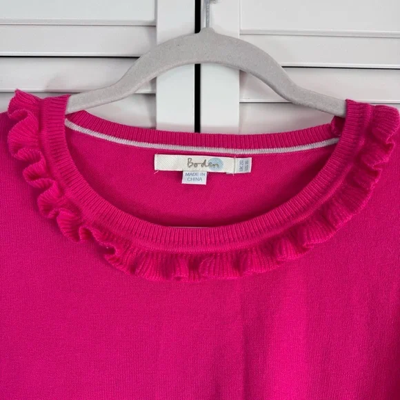 Boden Bernadette Wool Cotton Blend Ruffle Trim Crew Neck Sweater Fuchsia Pink 16 - Picture 3 of 9